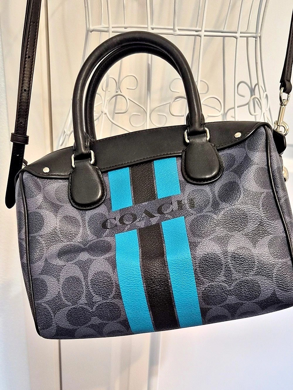 Coach Rowan Satchel in Signature Canvas with Stripe Black & Blue